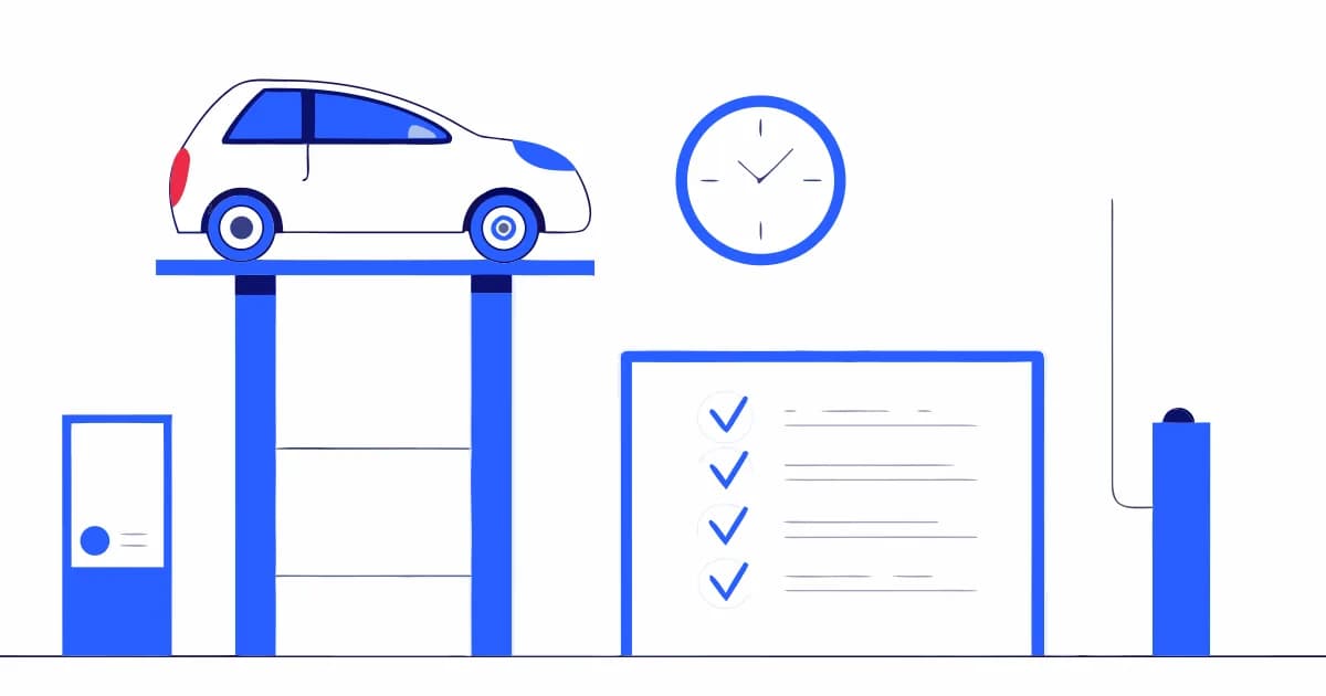 Ein Auto auf einer Hebebühne, daneben eine Wanduhr und eine Tafel mit abgehakter Checkliste