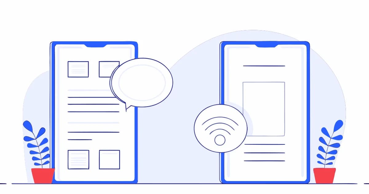 Zwei Smartphones mit Textseiten, dazwischen eine Sprechblase und ein WLAN-Symbol