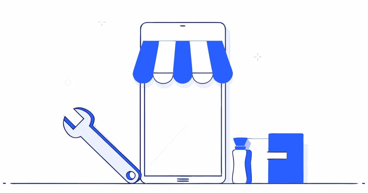Ein Smartphone mit einer Markise darüber wie ein kleines Ladengeschäft, daneben ein Schraubenschlüssel