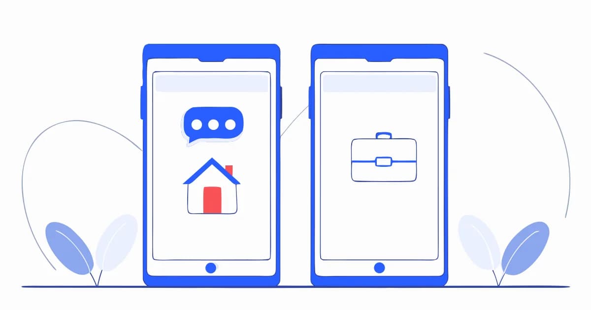 Zwei Smartphones nebeneinander, links eines mit einer Sprechblase und einem Haus auf dem Bildschirm, rechts eines mit einem Aktenkoffer