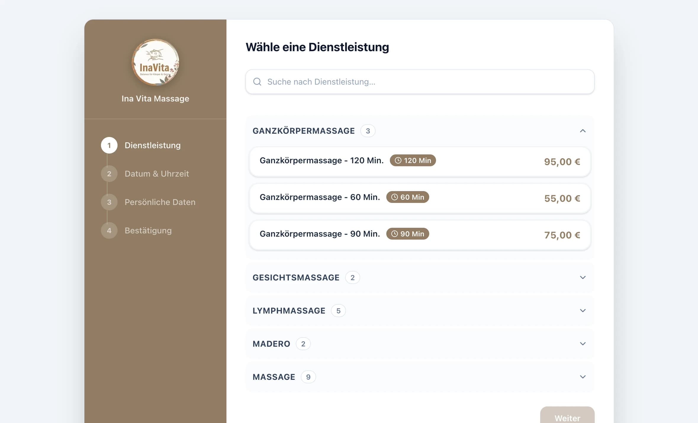 Buchungsseite von Ina Vita Massage: Auswahl der Massage-Leistungen mit Dauer und Preisen
