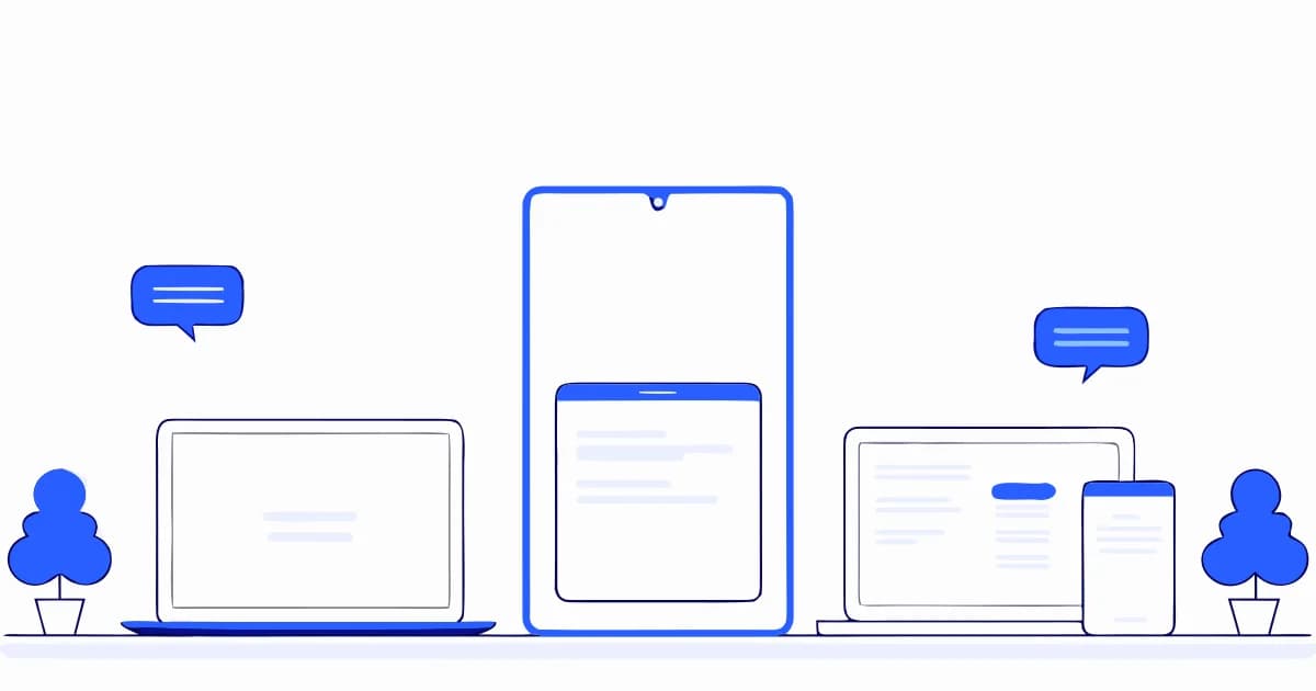 Ein großes Smartphone in der Mitte, links ein Laptop, rechts ein zweiter Laptop mit einem kleinen Handy davor, darüber zwei blaue Sprechblasen