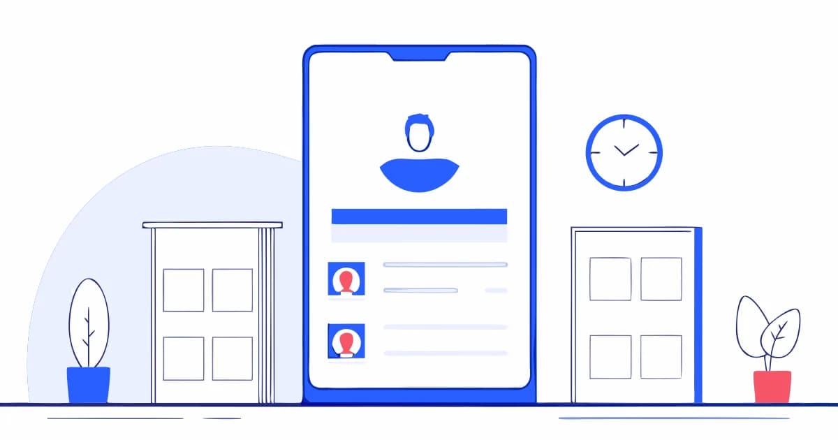Ein Smartphone mit einem Profil aus Personensymbol, blauem Balken und zwei Zeilen mit runden Bildern, daneben zwei Ladenfassaden, eine Wanduhr und zwei Topfpflanzen