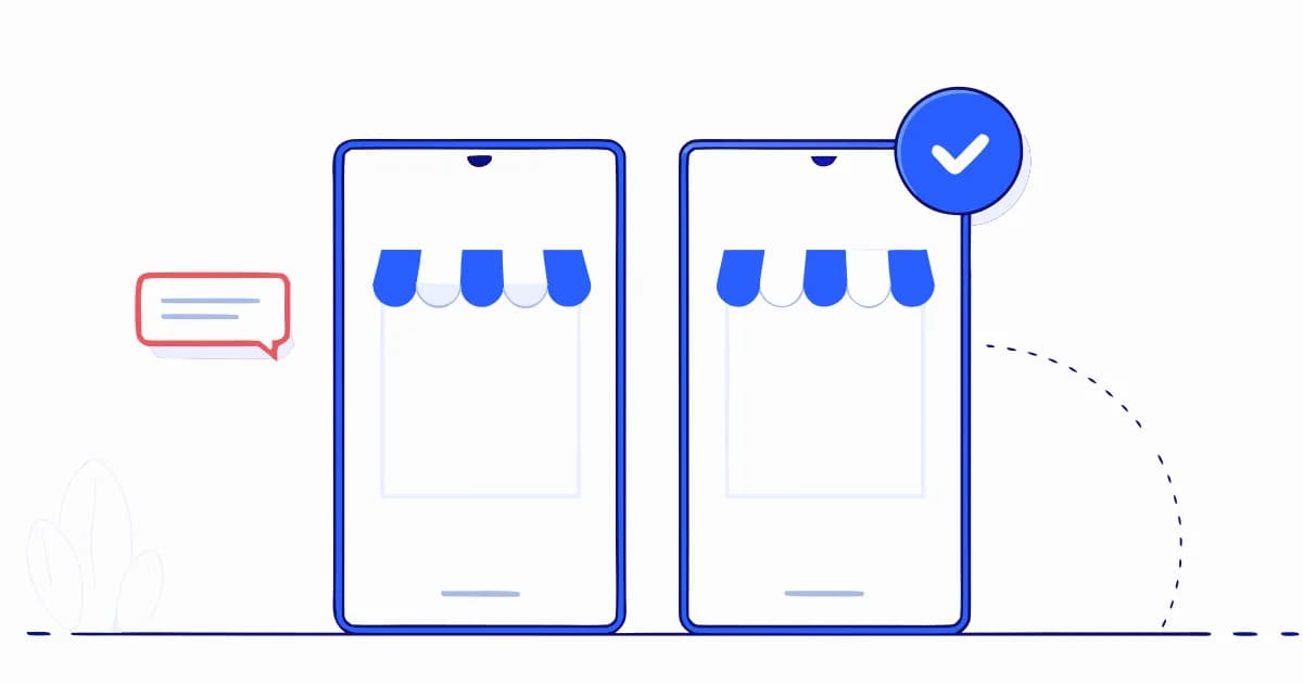 Zwei Smartphones mit Ladenmarkise nebeneinander, am rechten ein rundes blaues Abzeichen mit Häkchen