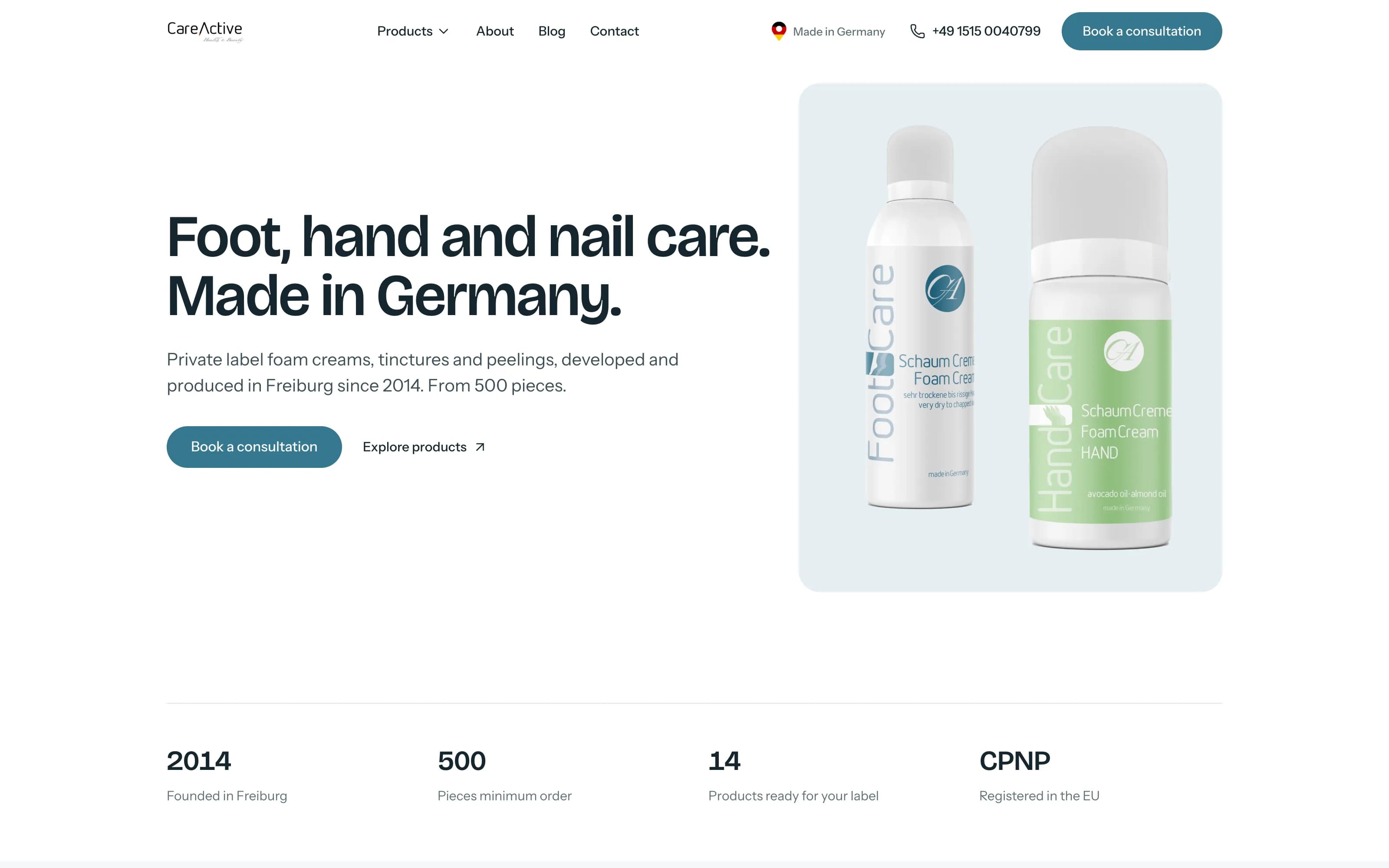 Startseite von careactive.de: Überschrift „Foot, hand and nail care. Made in Germany.“ neben zwei Schaumcreme-Dosen, darunter Kennzahlen zum Unternehmen