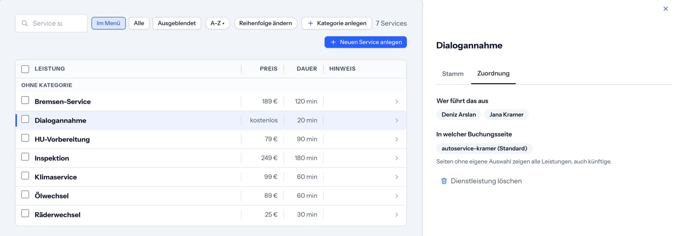 Leistungsliste von Autoservice Kramer im APPOYNT-Dashboard, daneben die Leistung Dialogannahme mit 20 Minuten im Reiter Zuordnung: ausgeführt nur von Deniz Arslan und Jana Kramer